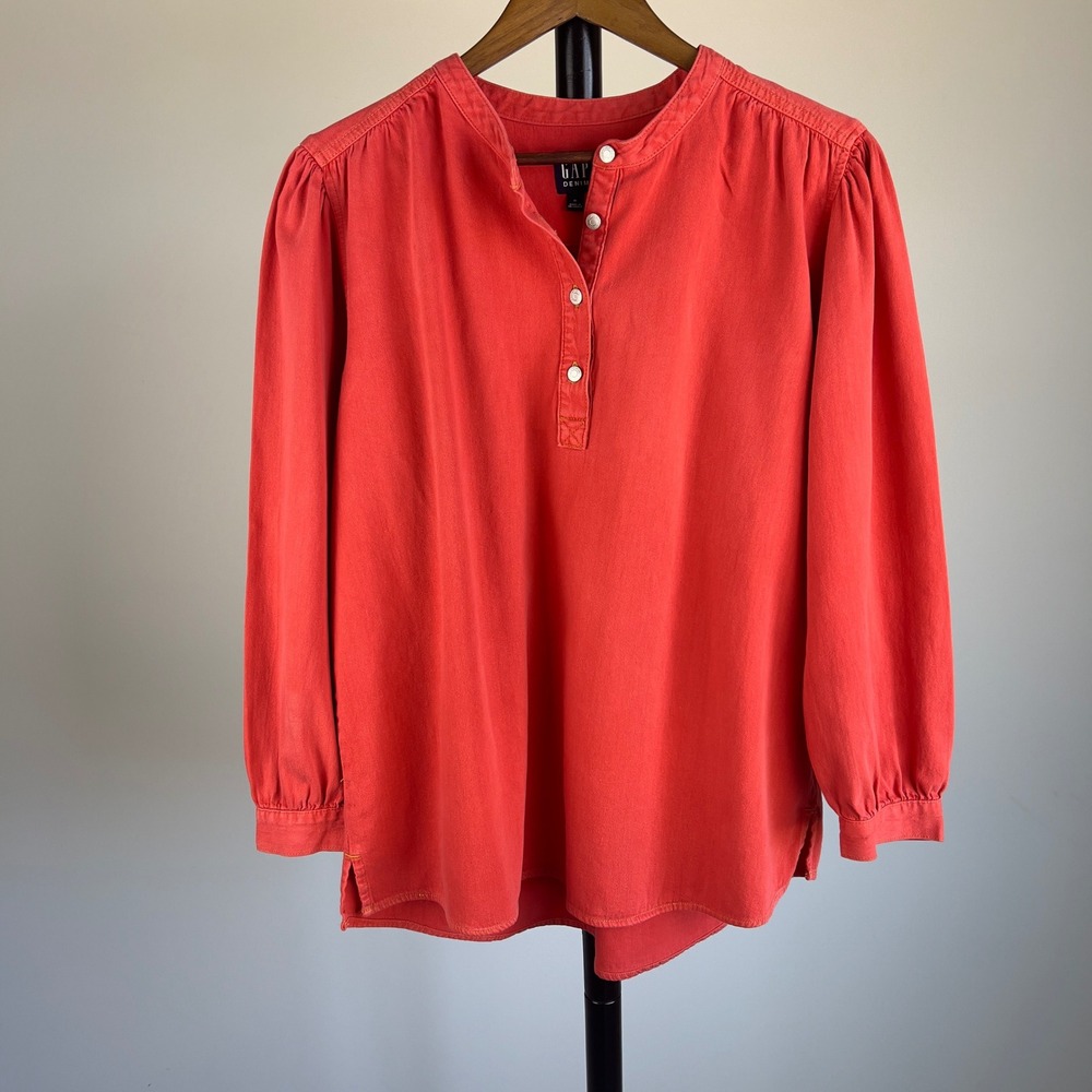 Gap Denim Womens XL Coral Red Puff Sleeve Popover Blouse Band Collar Top